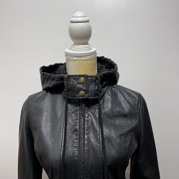 Joie Lamb Leather Silk Lined Black Moto Jacket Removable Hood Womens Size S - Picture 4 of 6
